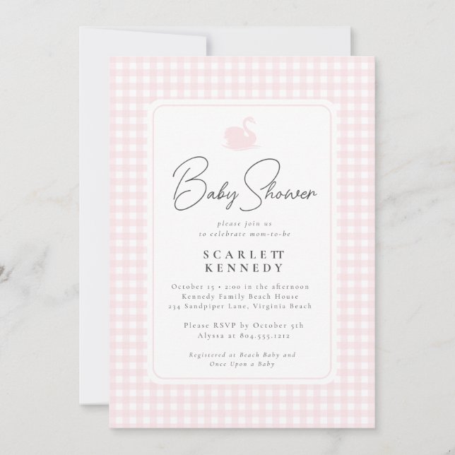 Invitation Cute Rose En vichy Swan Baby shower simple (Devant)
