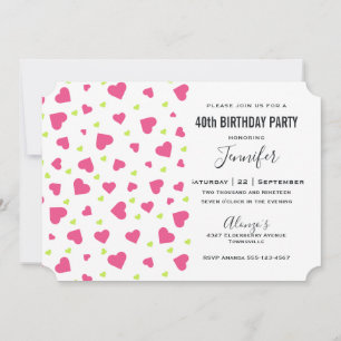 Invitation Cute Rose et Coeurs verts Motif Anniversaire
