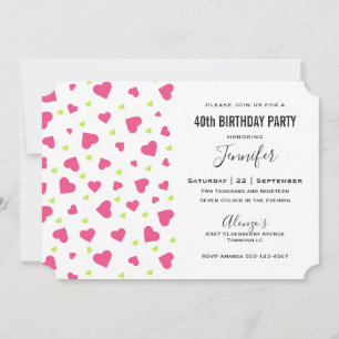 Invitation Cute Rose et Coeurs verts Motif Anniversaire