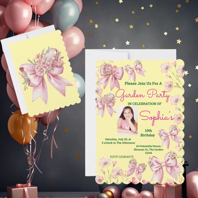Invitation Cute rose floral Bow Girl Photo Anniversaire (Créateur téléchargé)