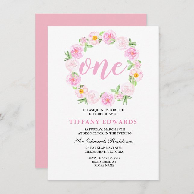Invitation Cute Rose Floral Wreath 1er anniversaire Invitatio (Devant / Derrière)