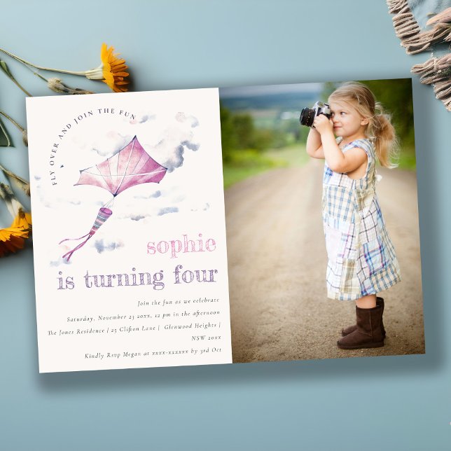 Invitation Cute Rose Flying Kite Sky Nuds Photo Anniversaire (Créateur téléchargé)