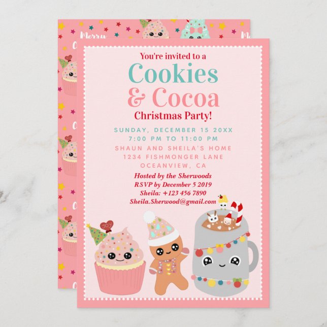 Invitation Cute Rose Kawaii Cookies et fête de Noël de cacao (Devant / Derrière)