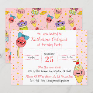 Invitation Cute Rose Kawaii Sweets Bonne 1ère fête d'annivers