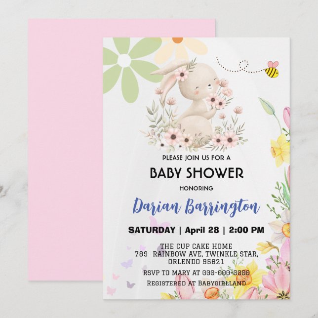Invitation Cute rose lapin fleur de lapin Bee bébé fille douc (Devant / Derrière)