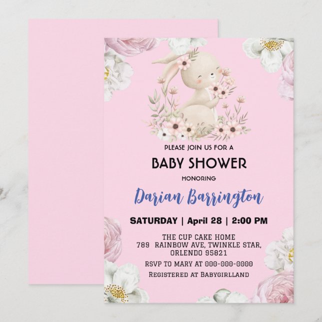 Invitation Cute rose lapin fleur lapin fleur bébé douche (Devant / Derrière)