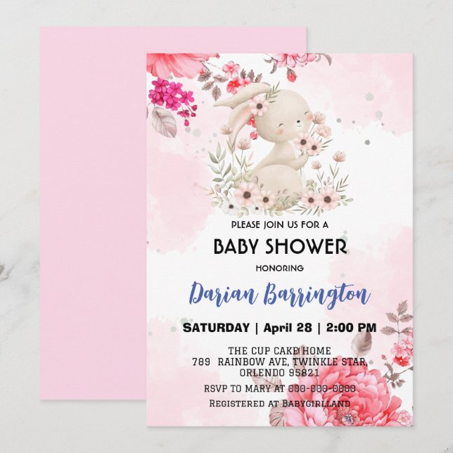 Invitation Cute rose lapin fleur lapin fleur bébé douche (Devant / Derrière)