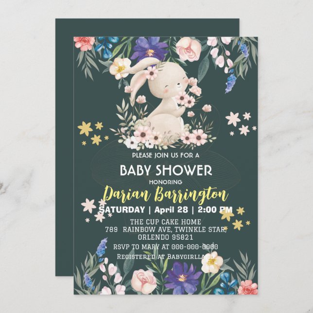 Invitation Cute rose lapin fleurs lapin bébé fille douche (Devant / Derrière)