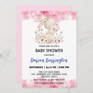 Invitation Cute rose lapin fleurs lapin bébé fille douche