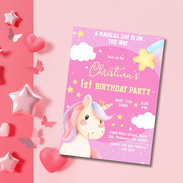 Invitation Cute rose magique moderne licorne étoile 1er anniv (Créateur téléchargé)