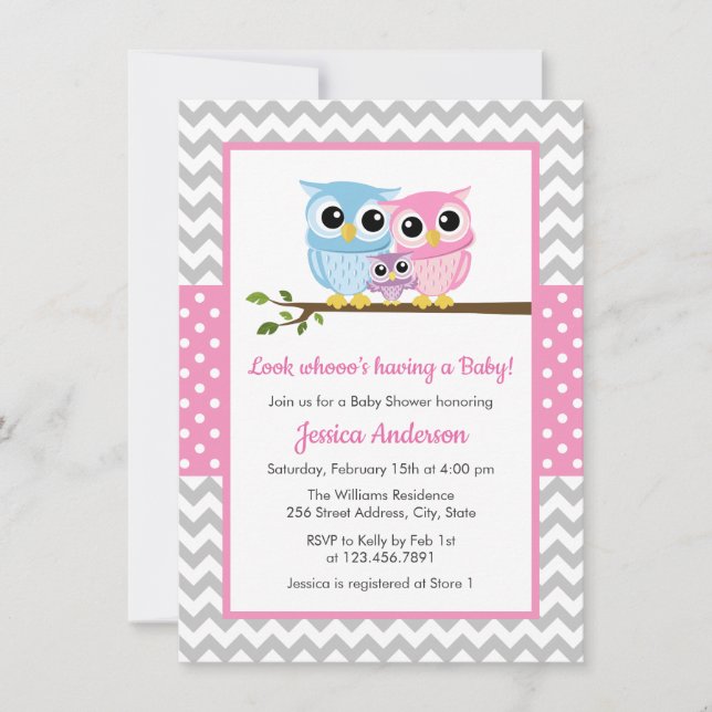 Invitation Cute Rose Owl Famille Grey Chevron Baby shower fil (Devant)