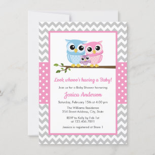 Invitation Cute Rose Owl Famille Grey Chevron Baby shower fil