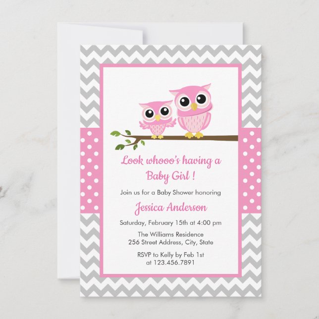 Invitation Cute Rose Owl Grey Chevron Girl Baby shower (Devant)