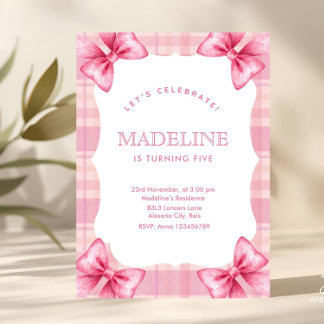 Invitation Cute Rose Plaid & Bow Coquette fille Anniversaire