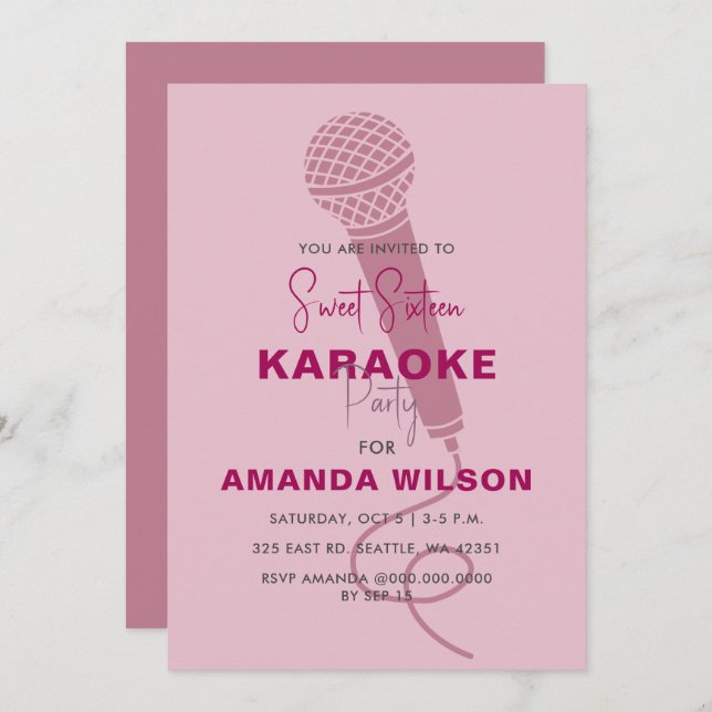 Invitation Cute Rose Sweet 16 Anniversaire Karaoke Party (Devant / Derrière)