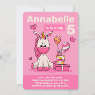 Invitation Cute Rose Unicorn Fille Anniversaire