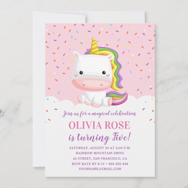 Invitation Cute Rose Unicorn Fille Anniversaire (Devant)