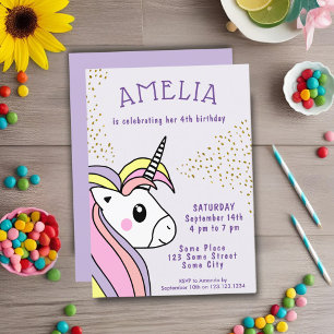 Invitation Cute Rose Unicorn fille Anniversaire de enfant