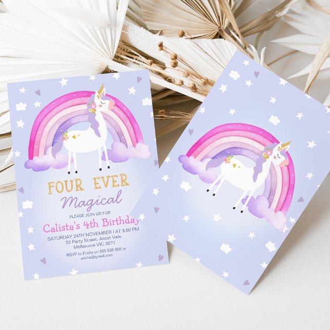 Invitation Cute rose Unicorn Quatre jamais magique 4e anniver (Four Ever Magical 4th Birthday Invitation Template Purple, Rainbow Unicorn 4th Birthday Invitation )
