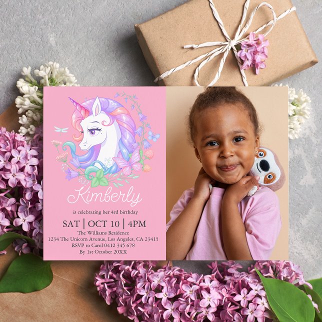 Invitation Cute Rose Unicorn Tous les âges Photo Anniversaire (Créateur téléchargé)