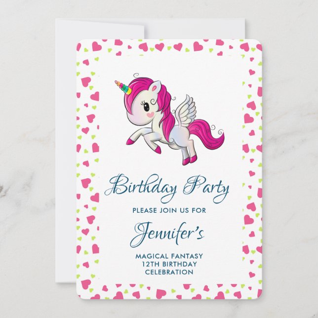 Invitation Cute rose Unicorne avec ailes Anniversaire (Devant)