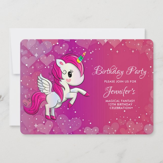 Invitation Cute rose Unicorne avec ailes Anniversaire (Devant)