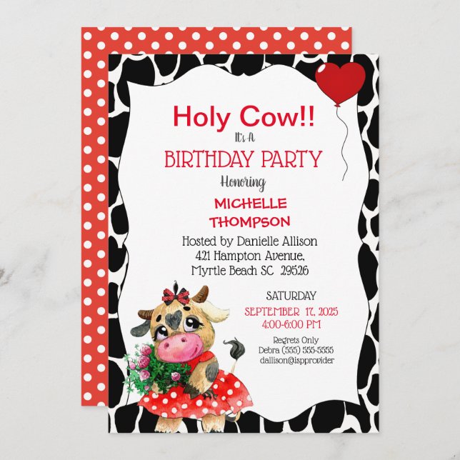 Invitation Cute Rouge Noir Vache Sainte Imprimer Anniversaire (Devant / Derrière)