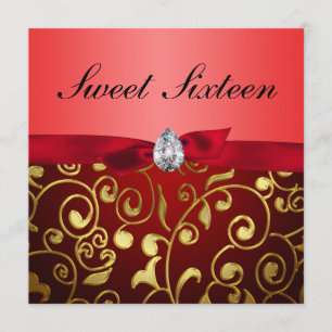 Invitation Cute Rouge Ruban Or Motif Floral Sweet sixteen