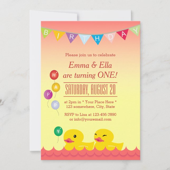 Invitation Cute Rubber Canards Twin Girls Anniversaire (Devant)