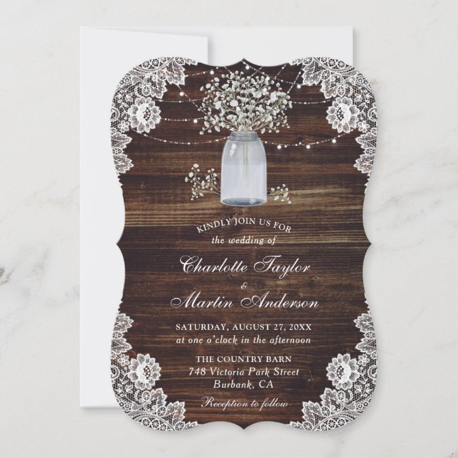 Invitation Cute Rustic Baby's Breath Wood Mason Jar Mariage (Devant)