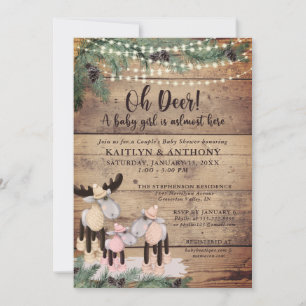 Invitation Cute Rustique hiver Deer Couple bébé fille fille d