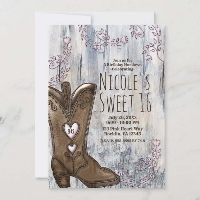 Invitation Cute Rustique Rose Coeur Cowgirl Bottes Sweet 16 (Devant)