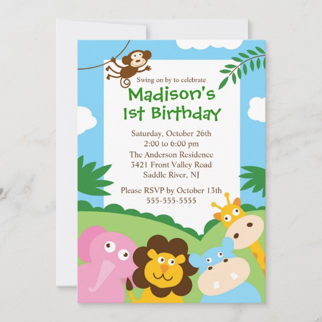 Invitation Cute Safari 1er anniversaire (Devant)