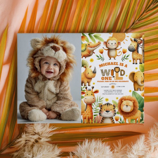 Invitation Cute Safari Animals WILD ONE 1st Birthday Photo  (Créateur téléchargé)