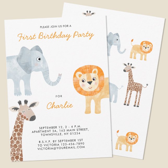 Invitation Cute Safari Animaux 1er Anniversaire (Fun baby safari animal themed first birthday party invitations with lion giraffe and elephant. )