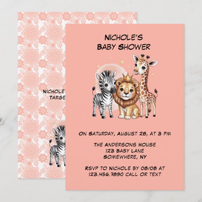 Invitation Cute Safari Animaux Florals rose Fille Baby shower (Devant / Derrière)