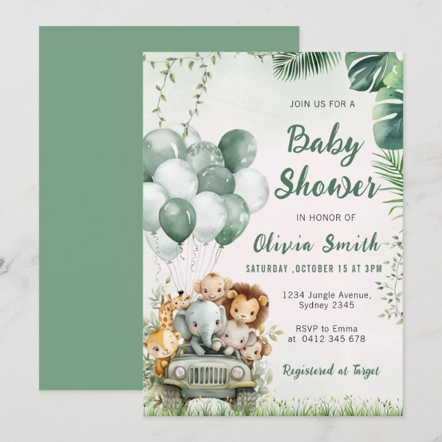 Invitation Cute Safari Animaux Jungle Baby shower (Devant / Derrière)