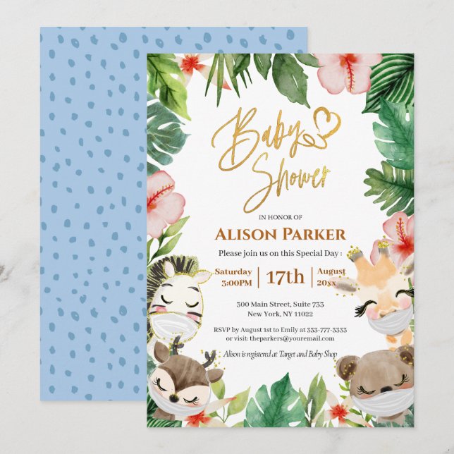 Invitation Cute Safari Animaux Jungle Baby shower de verdure (Devant / Derrière)