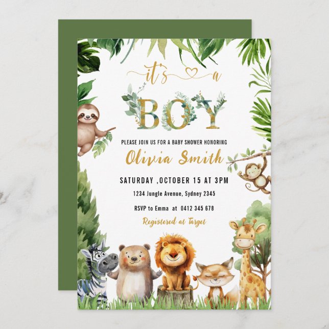 Invitation Cute Safari Animaux Jungle Boy Baby shower (Devant / Derrière)