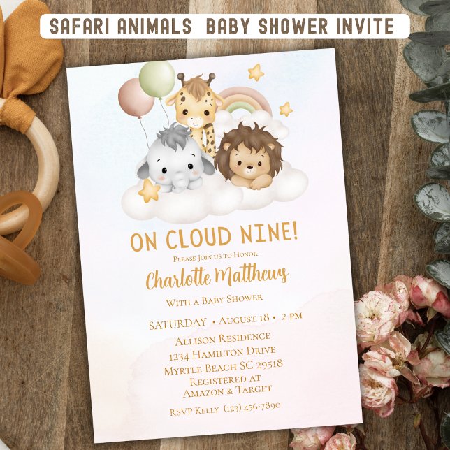 Invitation Cute Safari Animaux Nuage Neuf Baby showers 9 (Créateur téléchargé)