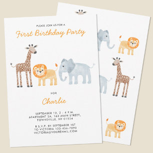 Invitation Cute Safari Animaux Première fête d'anniversaire