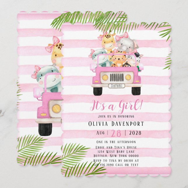 Invitation Cute Safari Elephant & Amis Baby shower fille (Devant / Derrière)