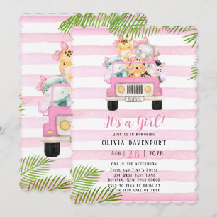 Invitation Cute Safari Elephant & Amis Baby shower fille