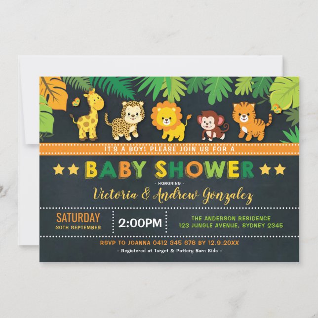 Invitation Cute Safari Jungle Animals Baby shower (Devant)