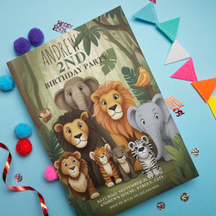 Invitation Cute Safari Jungle Animaux 2e fête d'anniversaire