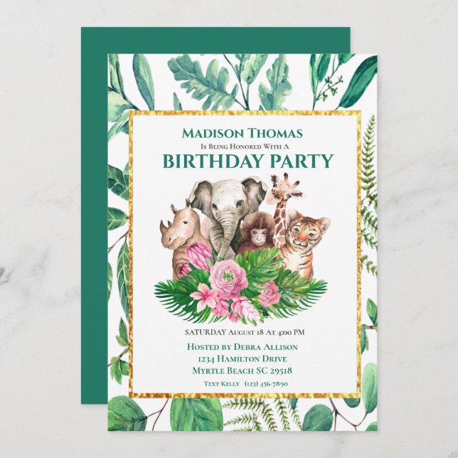 Invitation Cute Safari Jungle Animaux fête d'anniversaire Inv (Devant / Derrière)