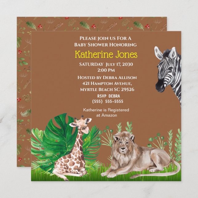Invitation Cute Safari Jungle Lion Giraffe Zebra Baby shower (Devant / Derrière)