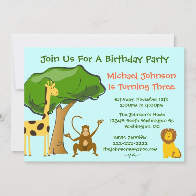 Invitation Cute Safari Jungle Zoo Animaux Anniversaires de en (Devant)