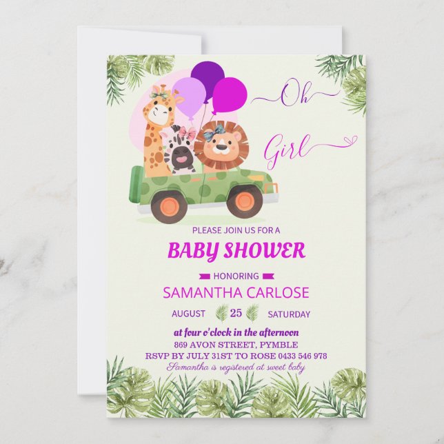 Invitation Cute Safari Jungle Zoo fille Baby shower (Devant)