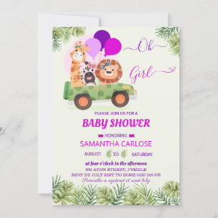 Invitation Cute Safari Jungle Zoo fille Baby shower
